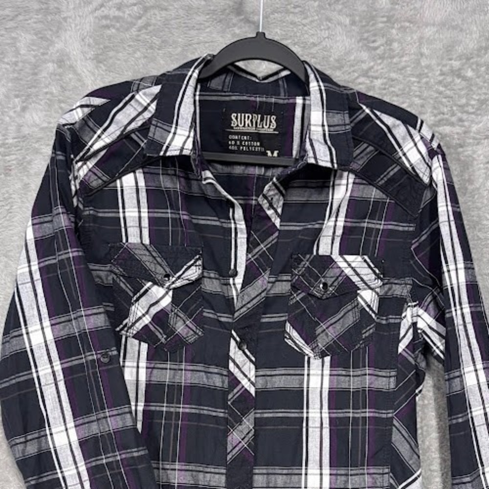 SURPLUS Button Up Western Shirt Mens Medium Purples Plaid long sleeve Cowboy EUC